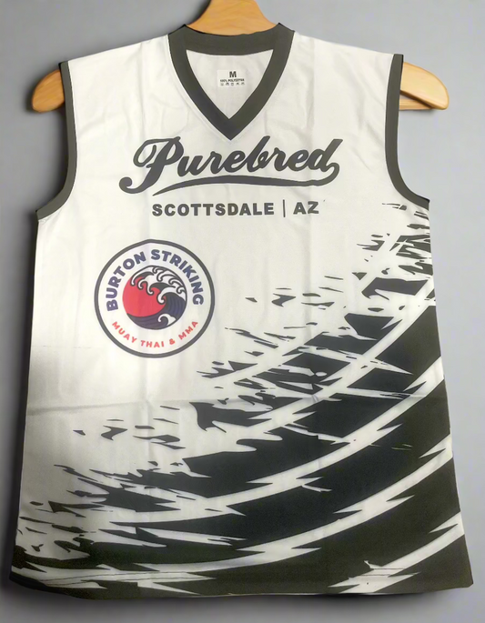 White and black sports jersey with branding custom