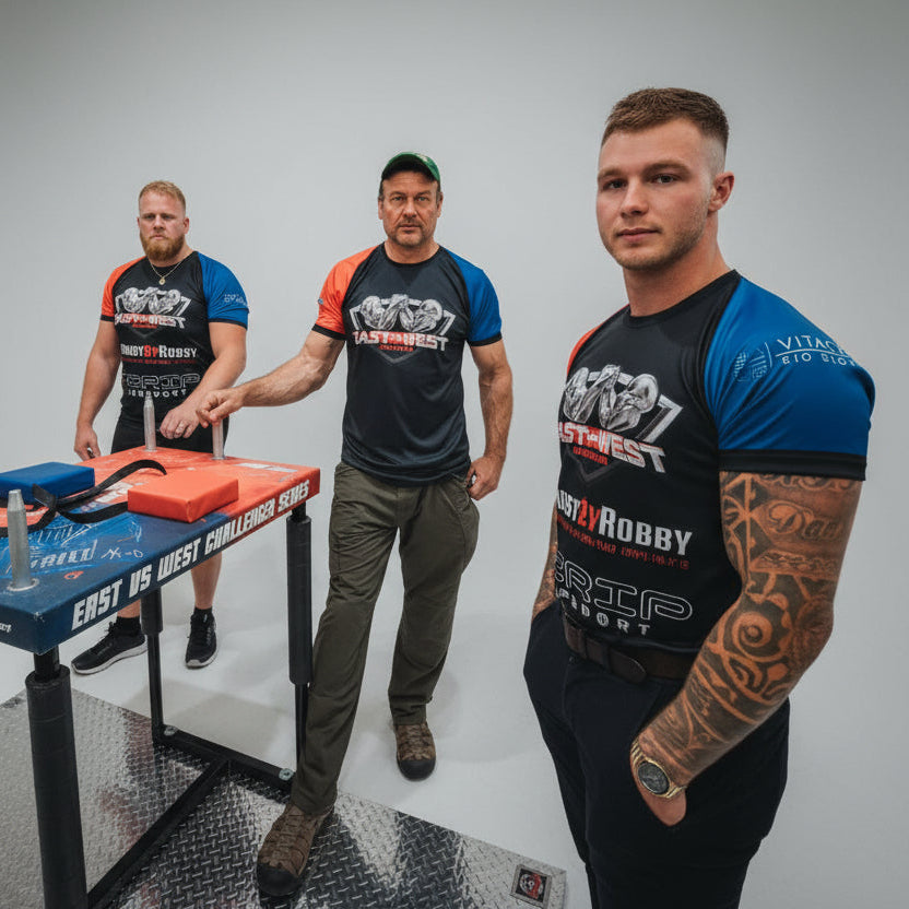 Three men standing around a table with various items on it, wearing custom raglan t-shirts.