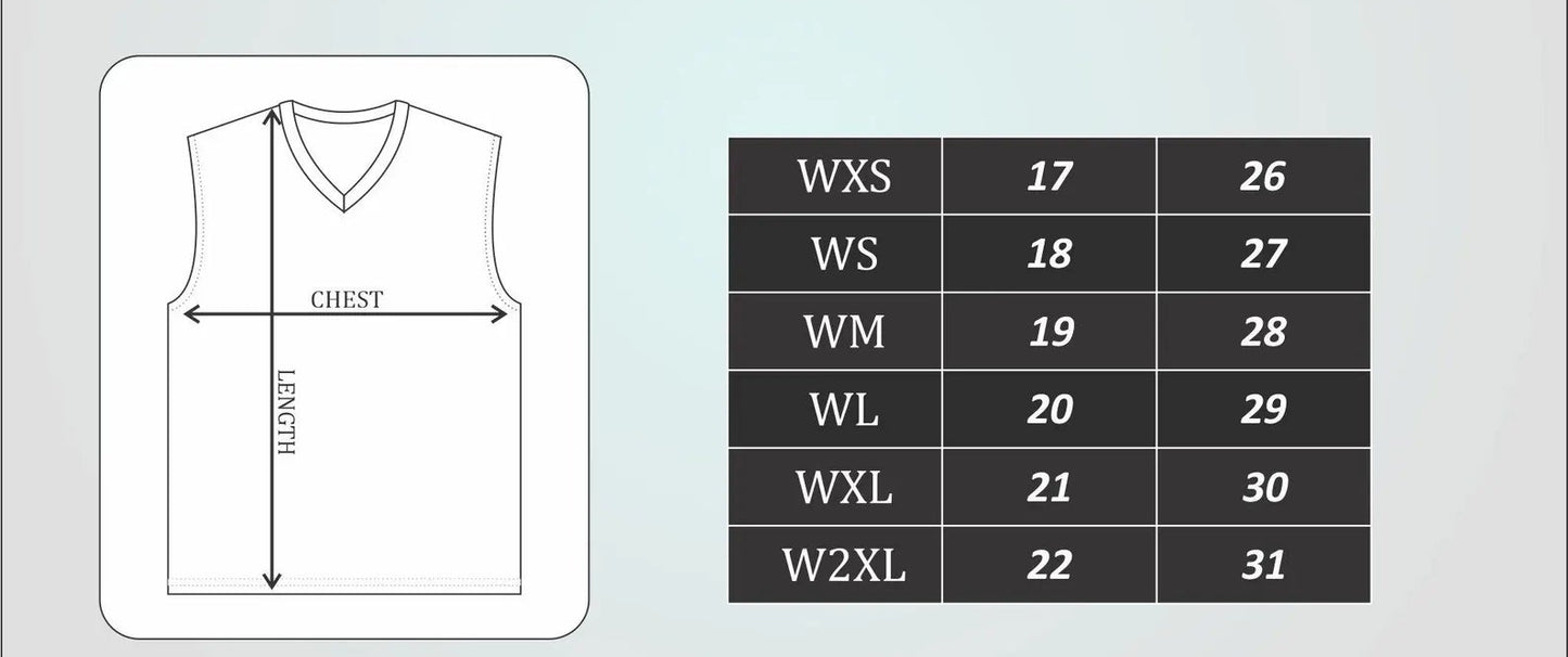Size chart for Cisco Sports vests with measurements on a gray background