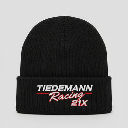 Black beanie with Tiedemann Racing logo on a gray background