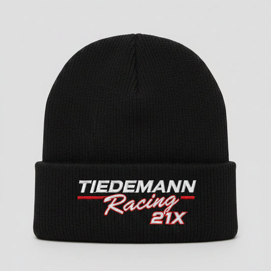 Black beanie with Tiedemann Racing logo on a gray background