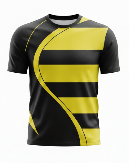 Black and yellow striped shirt with a logo 