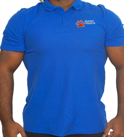 Man wearing a blue polo shirt with a  custom logo embroidery on a white background