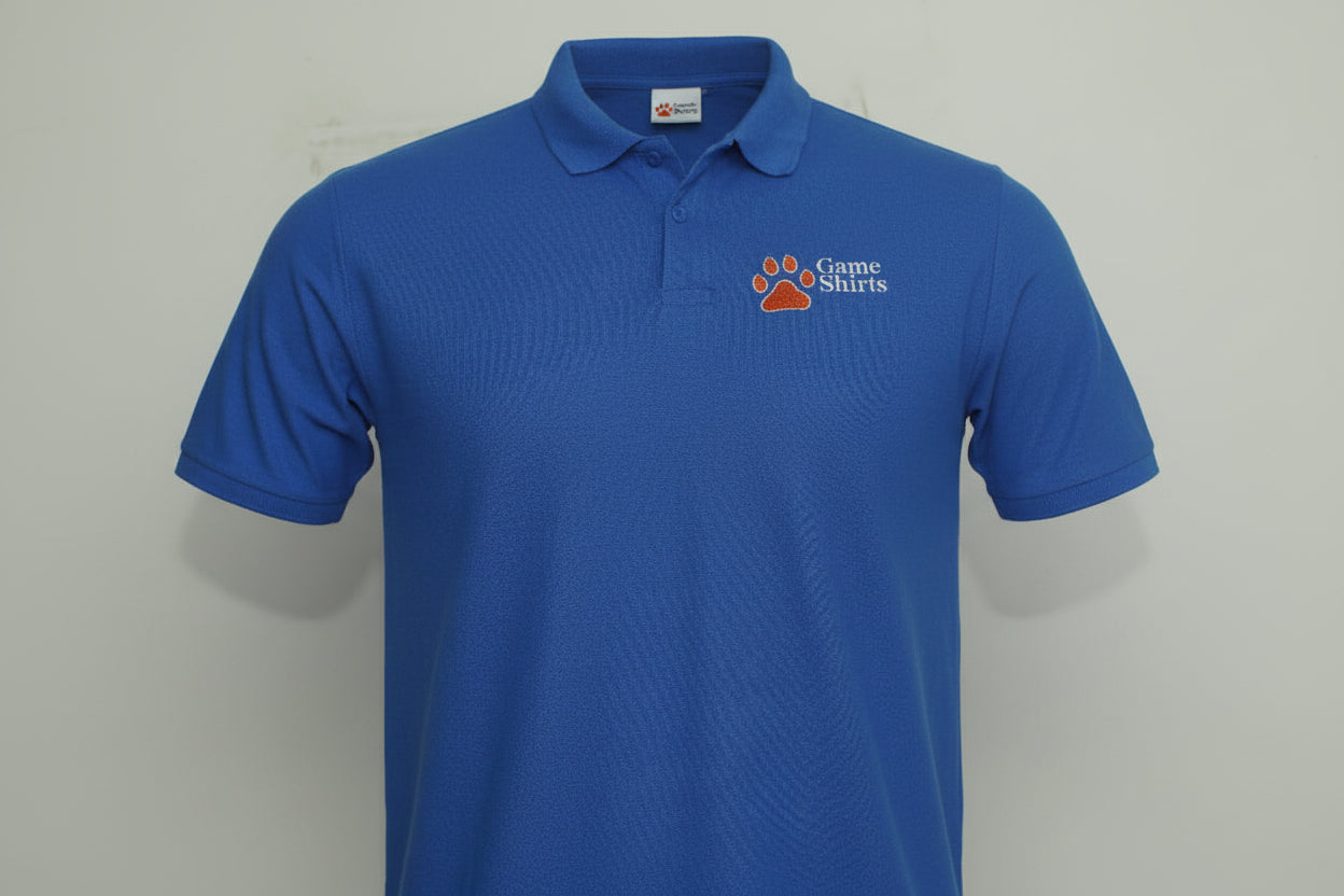 Blue polo shirt with a logo on a gray background