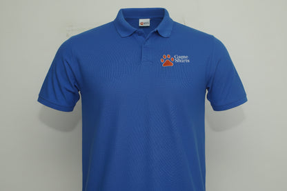 Blue polo shirt with a logo on a gray background