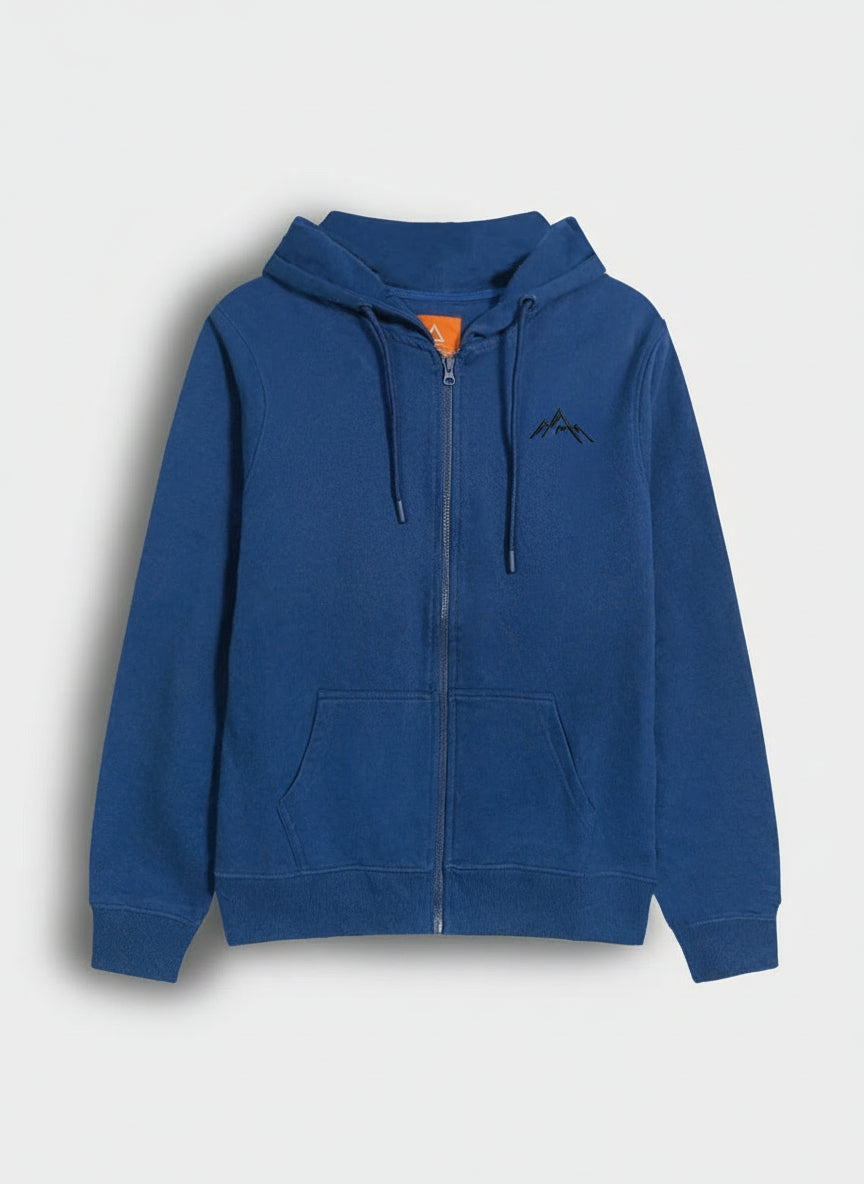 Blue hoodie with a zipper on a light gray background