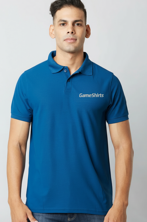 Blue polo shirt worn by a person, shown from front and back on a gray background