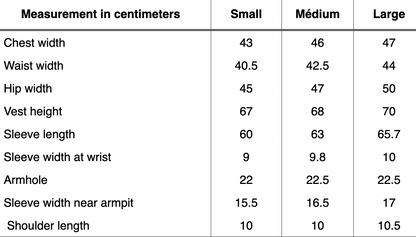 Measurement chart for clothing sizes Small, Medium, and Large in centimeters.