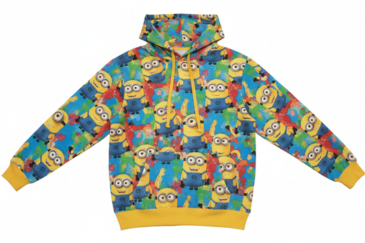 a picture of all over print hooded sweatshirt with minions inspired graphics