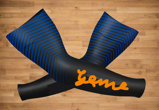 Black and blue compression arm sleeves with custom printing