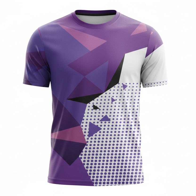 Geometric purple t-shirt design with a front view on a white background